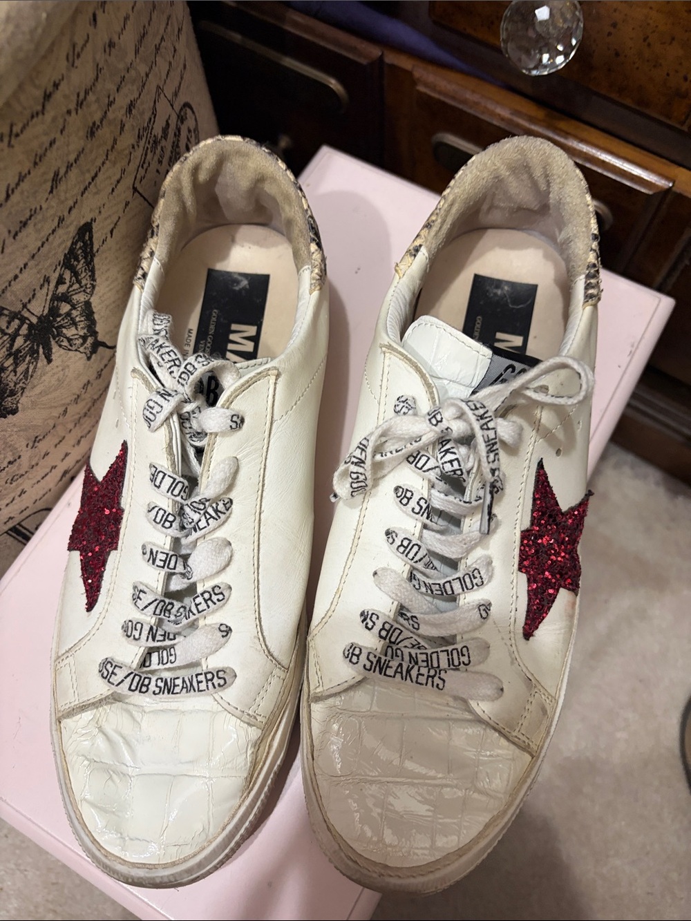 Golden Goose White Sneakers with Red Glitter Star